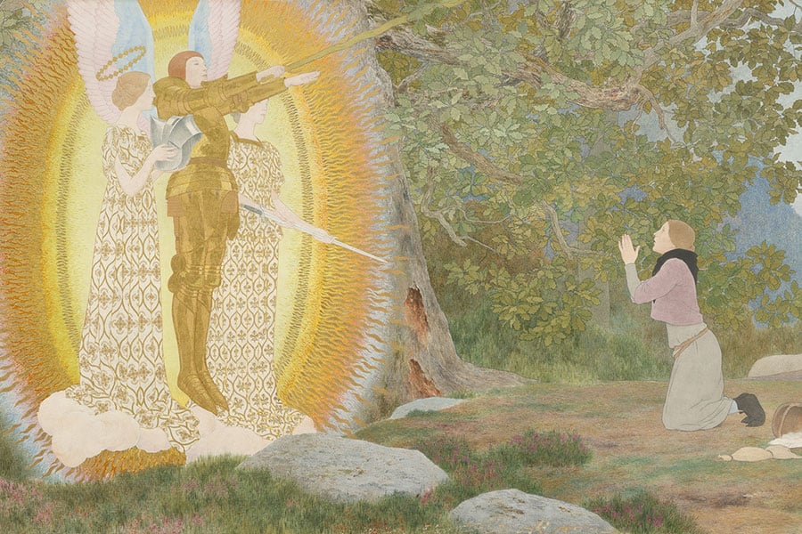 An illustration of Joan of Arc kneeling before angels